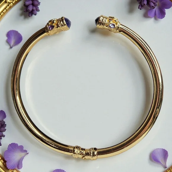 18k Gold Plated Luxury Genuine Amethyst Crystal Torque Statement Necklace - Picture 4 of 5